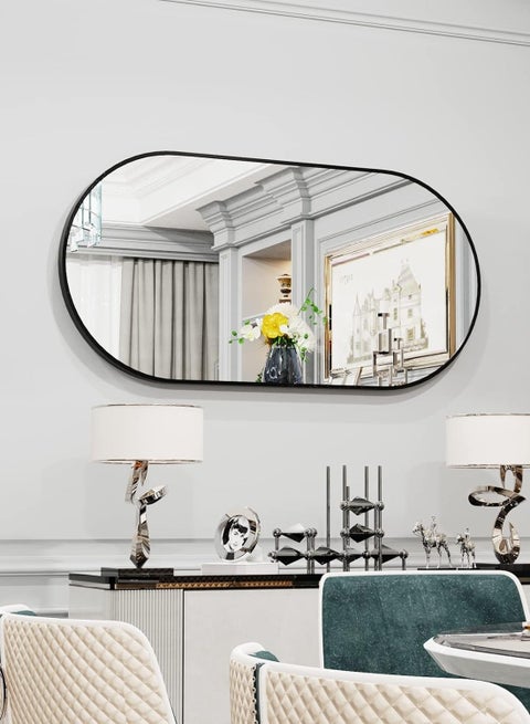 Oval Wall Mirror Black 100x50cm Modern Metal Framed Vanity Accent Pill-Shaped Mirror for Bathroom, Entryway Hall, Living Room, Bedroom, Wall Decor, Horizontal or Vertical