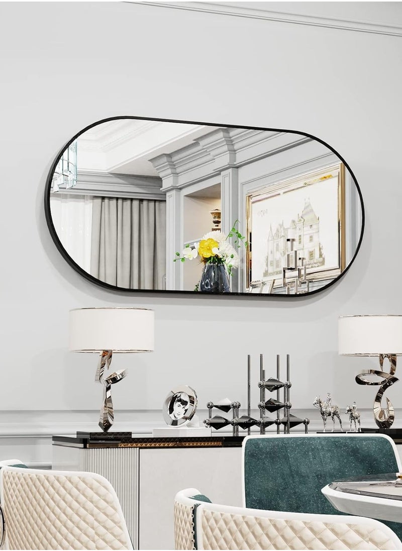 Furniture Factory Oval Wall Mirror Black 100x50cm Modern Metal Framed Vanity Accent Pill-Shaped Mirror for Bathroom, Entryway Hall, Living Room, Bedroom, Wall Decor, Horizontal or Vertical  - Image 1