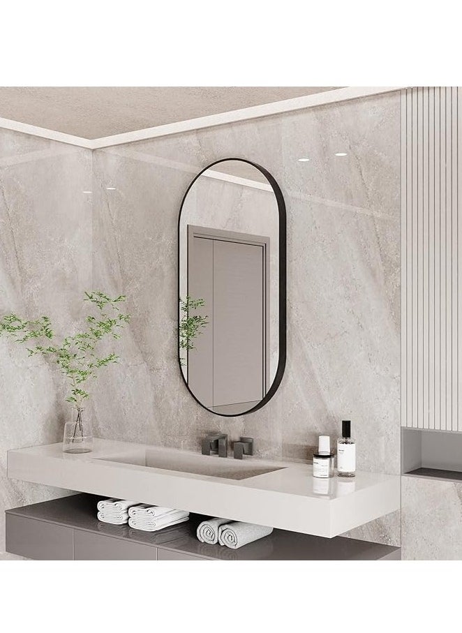 Furniture Factory Oval Wall Mirror Black 100x50cm Modern Metal Framed Vanity Accent Pill-Shaped Mirror for Bathroom, Entryway Hall, Living Room, Bedroom, Wall Decor, Horizontal or Vertical  - Image 3