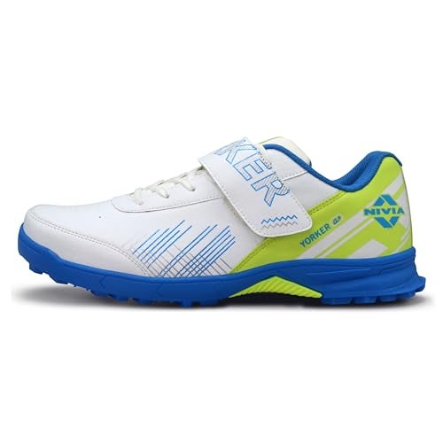Nivia Yorker 2.0 Cricket Shoes for Men, Synthetic Leather Upper with Velcro Strap, Round Stud PVC Outsole, Die-Cut Soft NR EVA Sockliner (Blue/Lime, UK10) - Image 1