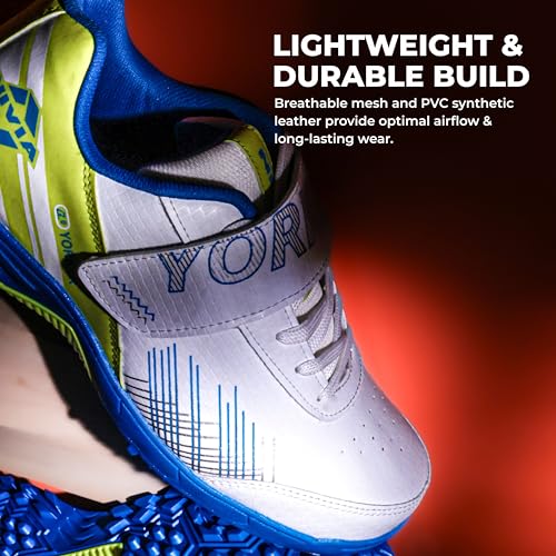 Nivia Yorker 2.0 Cricket Shoes for Men, Synthetic Leather Upper with Velcro Strap, Round Stud PVC Outsole, Die-Cut Soft NR EVA Sockliner (Blue/Lime, UK10) - Image 2