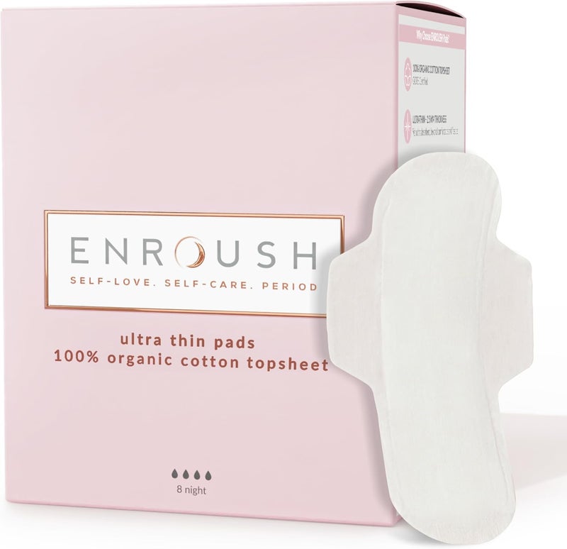 ENROUSH Organic Cotton Pads - Super, Sanitary, Protection, Hypoallergenic, Breathable, Natural, Absorbent, No Chemicals, No Leaks - 10pcs - Image 1