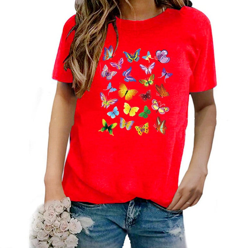 Wish Independent Station Butterfly Fun Pattern Printed Short Sleeve T-Shirt Women - Image 1
