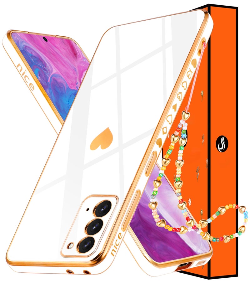 Shorogyt (3in1 Heart Case for Samsung Galaxy Note 20 5G/4G 6.7 Inch Women Cute Aesthetic Love Hearts Pattern Girls White Gold Luxury Girly Design Cases Trendy Cover+Chain for Note20 Note20 5G - Image 1