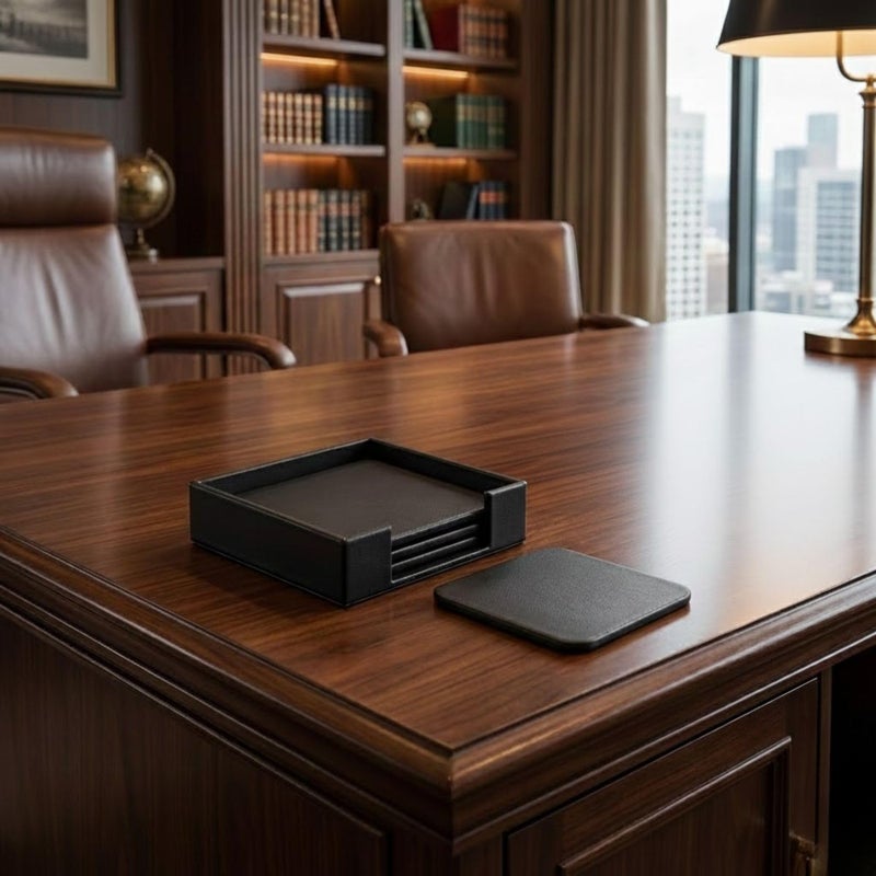 Dacasso Black Leather 4-Square Coaster Set - Image 4