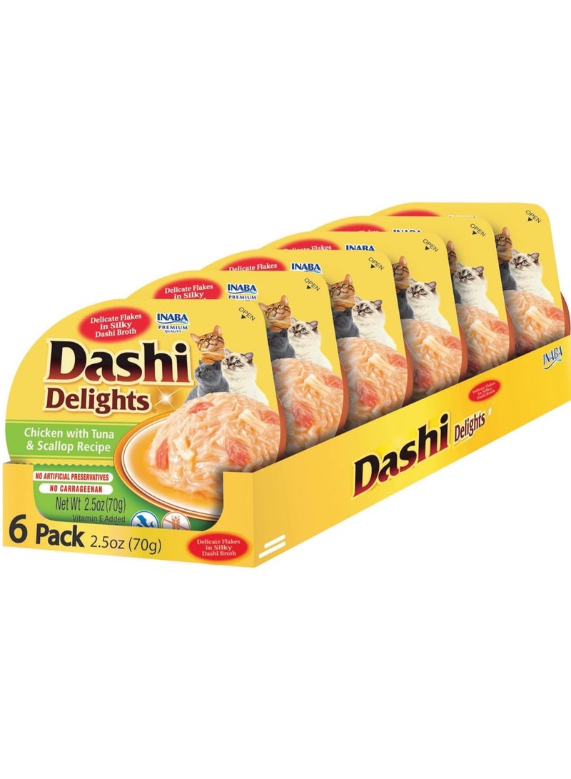 Inaba Dashi Delights for Cats, Shredded Chicken with Bonito Flake Broth, 2.5 oz Cup, 6 Cups Total, Chicken with Tuna and Scallop Recipe - Image 1