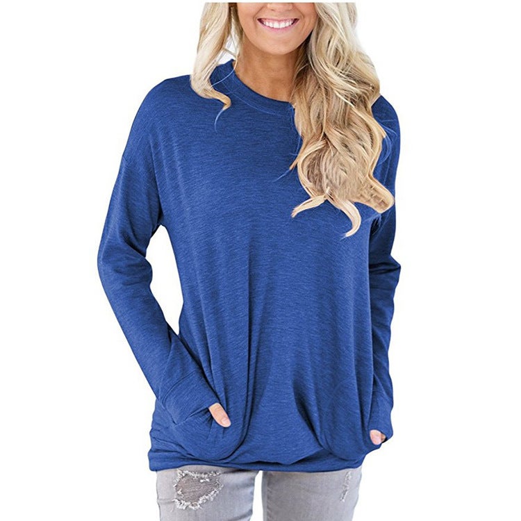 2022 Cross-border Autumn Women's Round Neck Bat Long Sleeve Pocket Solid Color Loose T-Shirt 11 Colors 5 Yards Army Green XL - Image 3