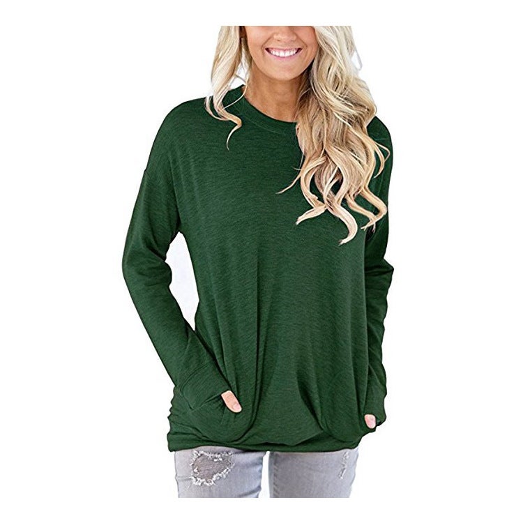 2022 Cross-border Autumn Women's Round Neck Bat Long Sleeve Pocket Solid Color Loose T-Shirt 11 Colors 5 Yards Army Green XL - Image 4
