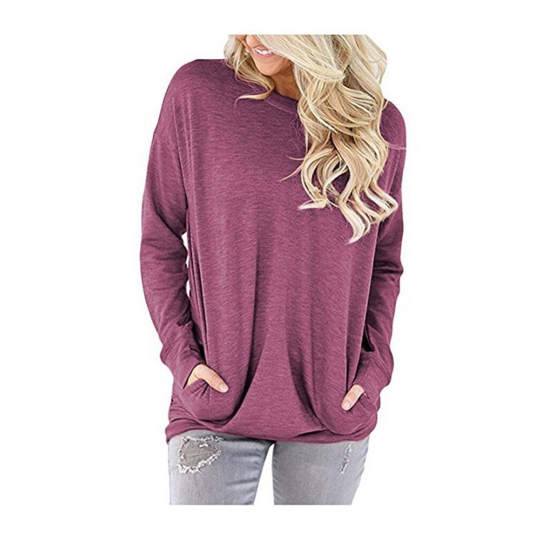 2022 Cross-border Autumn Women's Round Neck Bat Long Sleeve Pocket Solid Color Loose T-Shirt 11 Colors 5 Yards Army Green XL - Image 1