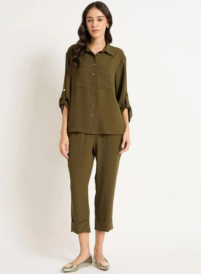 Femmella Femmella Olive Dual Pocket Shirt and Capri Co-Ords