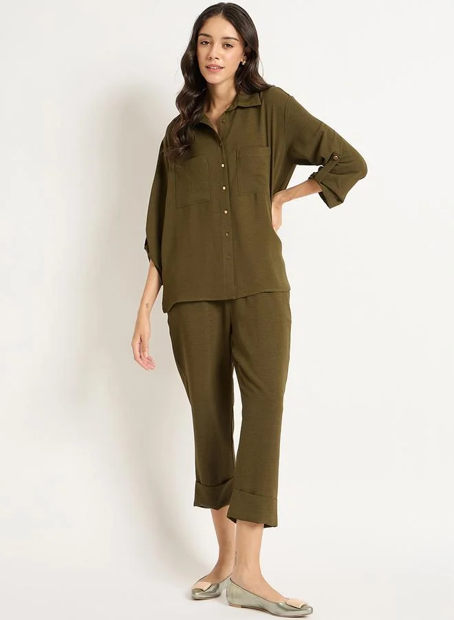 Femmella Femmella Olive Dual Pocket Shirt and Capri Co-Ords