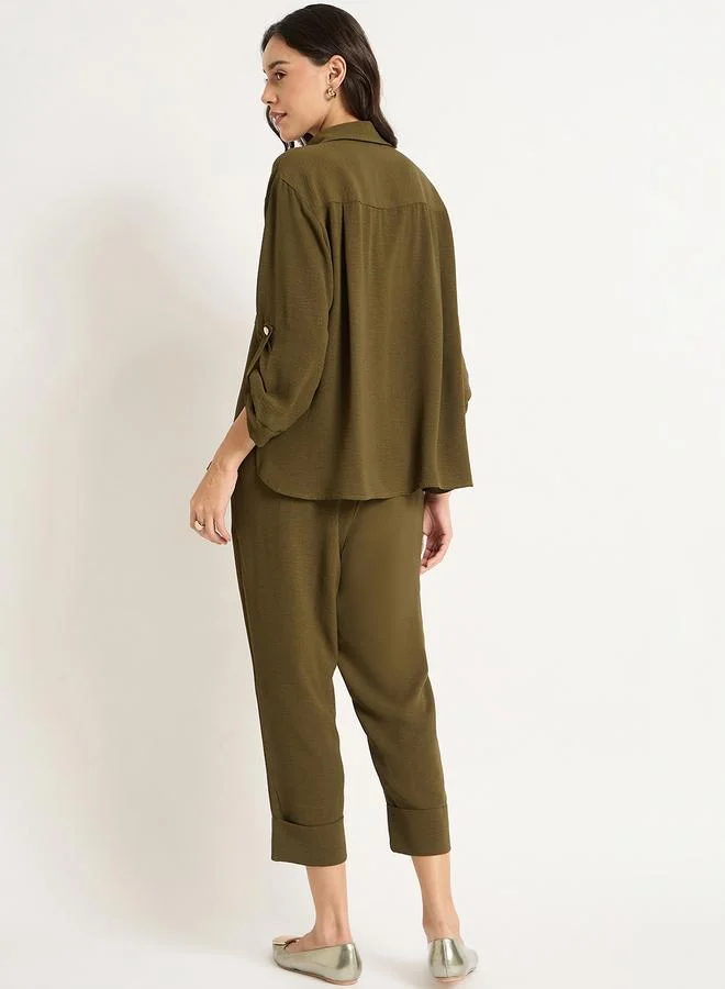 Femmella Femmella Olive Dual Pocket Shirt and Capri Co-Ords