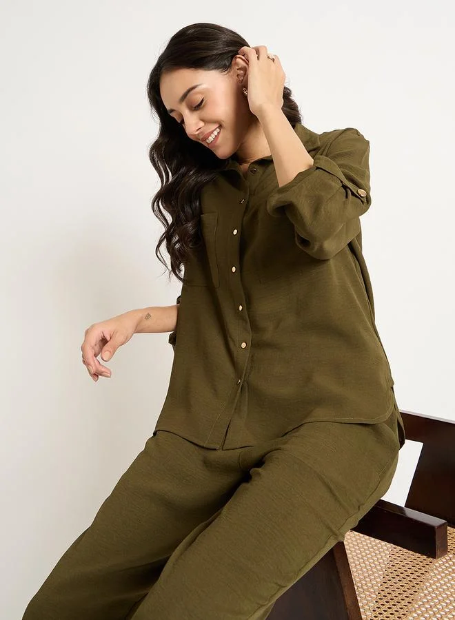 Femmella Femmella Olive Dual Pocket Shirt and Capri Co-Ords