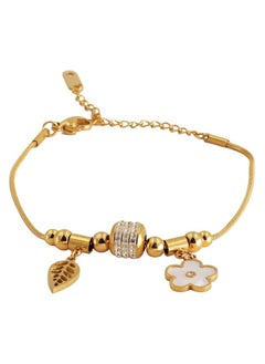 KAAF CREATIONS 18k Gold Plated Stainless Steel Charm Bracelet, 17 cm, with Leaf and four Flower Charms, added Cubic Zirconia  - Image 1