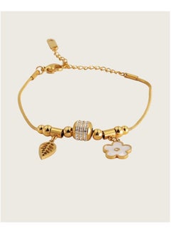 KAAF CREATIONS 18k Gold Plated Stainless Steel Charm Bracelet, 17 cm, with Leaf and four Flower Charms, added Cubic Zirconia  - Image 3