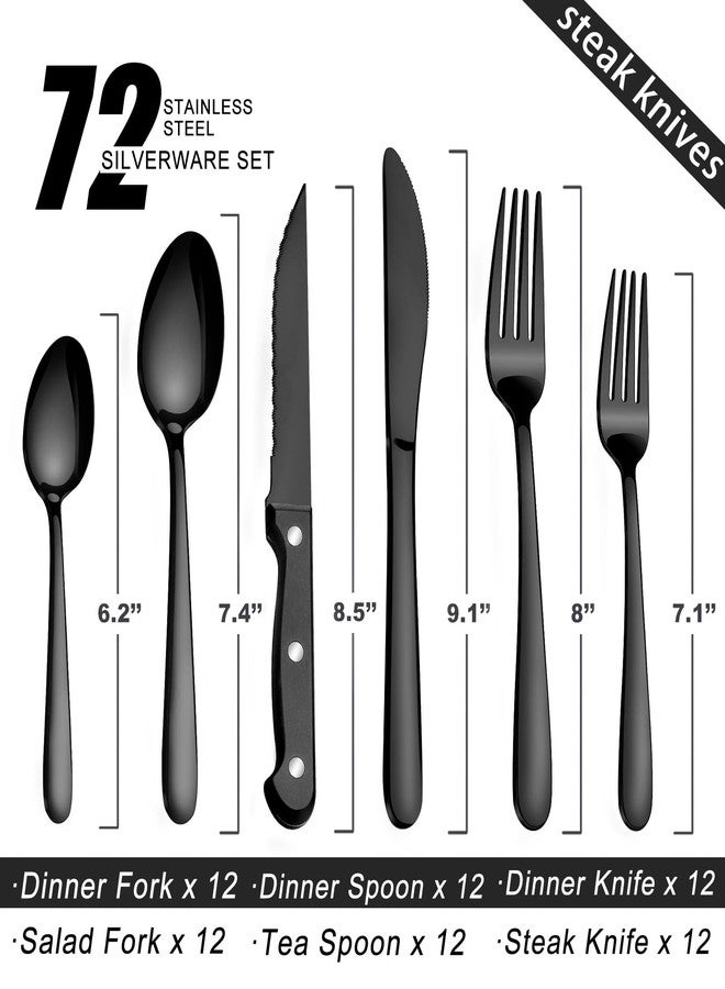 Pleafind 72Pcs Black Silverware Sets for 12 - Dishwasher Safe, Flatware Set with Steak Knives, Stainless Steel Cutlery Set, Include Forks Spoons and Knives Set, Utensil Sets for Home Restaurant - Image 2