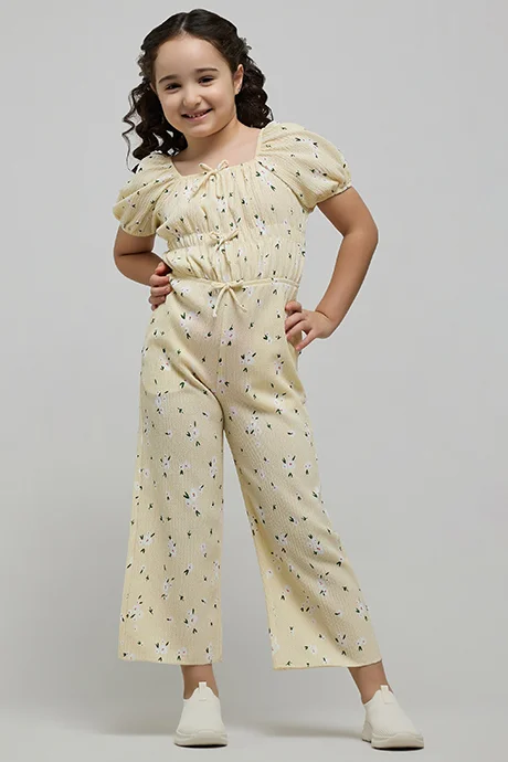 R&b Printed Jumpsuit with Crew Neck and Puff Sleeves