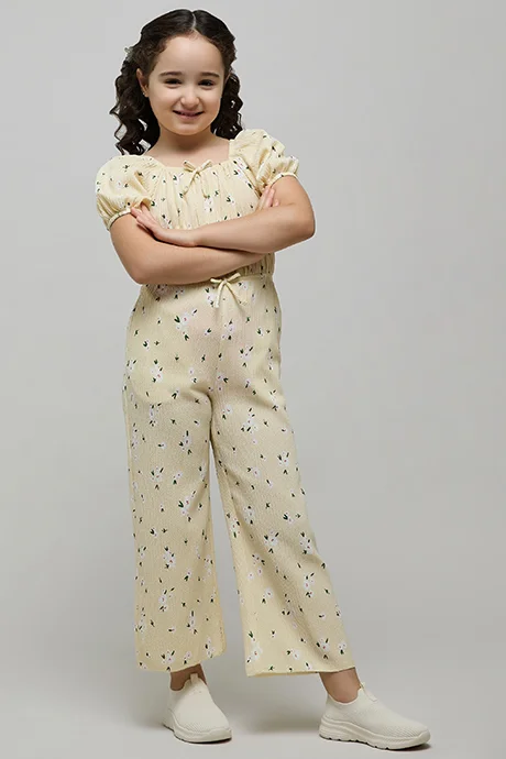 R&b Printed Jumpsuit with Crew Neck and Puff Sleeves