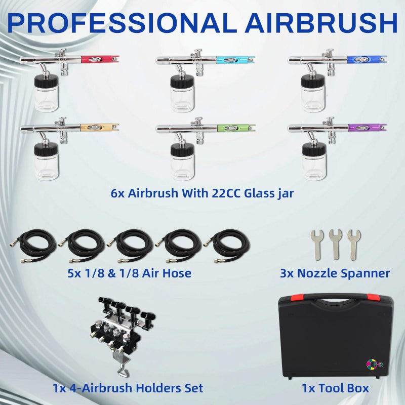 أوفير 6X 0.35mm Dual Action Airbrush Guns Set with 5 Strips of Air Brush Hoses and Airbrush Holder can Hold Up to 4 Airbrushes, Airbrush Kit Air Brush Gun for Model, Body, Cake, Crafts Painting - Image 5