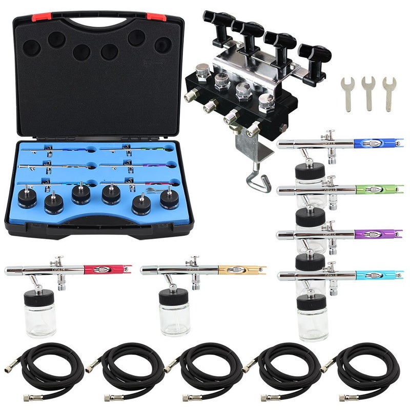 أوفير 6X 0.35mm Dual Action Airbrush Guns Set with 5 Strips of Air Brush Hoses and Airbrush Holder can Hold Up to 4 Airbrushes, Airbrush Kit Air Brush Gun for Model, Body, Cake, Crafts Painting - Image 1