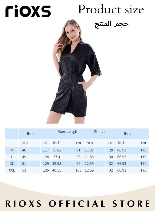 RIOXS Women's Silky Satin Short Robe with Adjustable Tie and 3/4 Sleeves, Skin-friendly Lightweight Kimono Bathrobe with Above-knee Length, Stylish Comfortable Sleepwear, Perfect for Wedding Day, Pajamas Party, Daily Life Wear and Spa  - Image 4