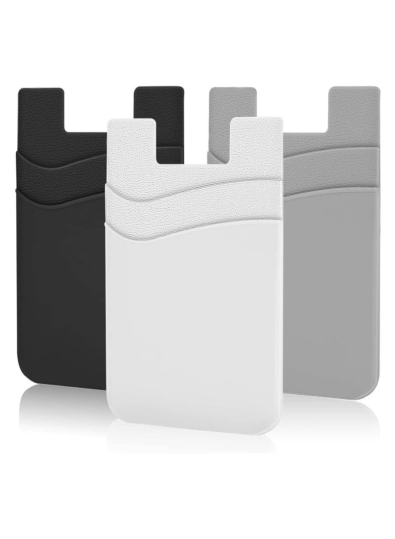 3Pcs Phone Wallet, Phone Card Holder for Back of Phone Case, Dual Pocket Phone Wallet Stick On Compatible for iPhone, Samsung and Most of Cell Phone (Black, White, Grey) - Image 1