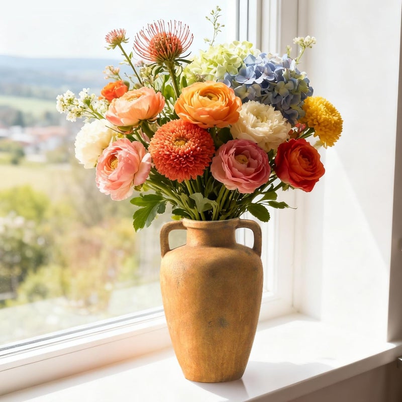 Lyeec Ceramic Vase with Handle, 8.85 inch Tall Flower Vase for Centerpieces, Large Decorative Terracotta Vintage Vases, Farmhouse Rustic Vases for Home Decor, Living Room, Table, Neutral - Image 5