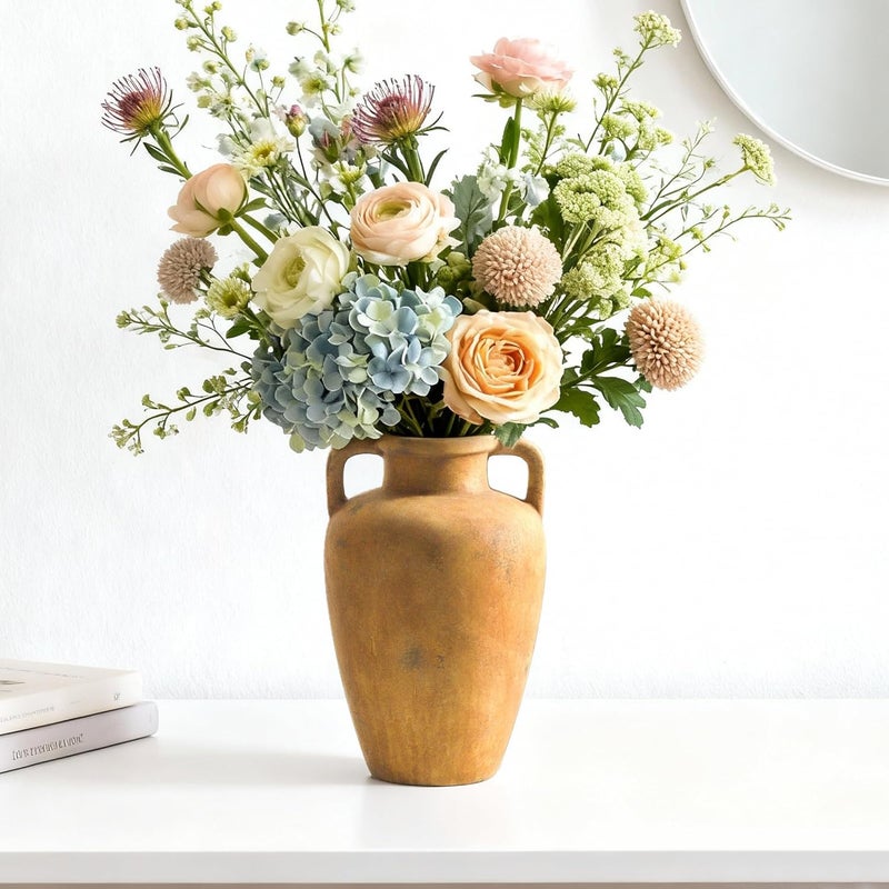 Lyeec Ceramic Vase with Handle, 8.85 inch Tall Flower Vase for Centerpieces, Large Decorative Terracotta Vintage Vases, Farmhouse Rustic Vases for Home Decor, Living Room, Table, Neutral - Image 1
