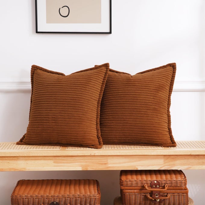 CORDUROY DARK BROWN THROW PILLOW COVERS SET OF 2 STRIPED BOHO DECORATIVE WITH EDGE DESIGNSUPER SOFT THROW PILLOW CUSHION COVERS FOR COUCH SOFA LIVING ROOM SOLID SQUARE 1818INCH45CM45CM