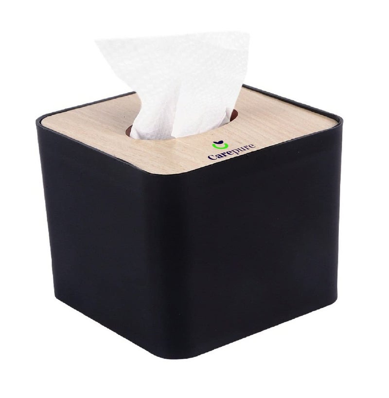 Carepure Pop Up Table Top Removable Bamboo Wooden Cover Tissue Box Dispenser Holder Square 1 Pc with 3 Pack of Tissue Paper Refill (375 PCs) - (Wooden Black) - Image 1