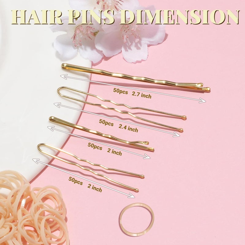 IKOCO 415pcs Bobby Pins Hair Pins Set, 200pcs U Shaped Pins & Elastic Hair Ties for Women with Hair Net, Gold - Image 3