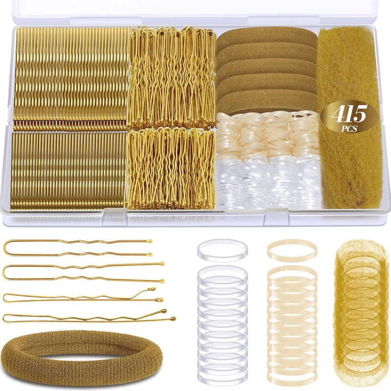 IKOCO 415pcs Bobby Pins Hair Pins Set, 200pcs U Shaped Pins & Elastic Hair Ties for Women with Hair Net, Gold - Image 1