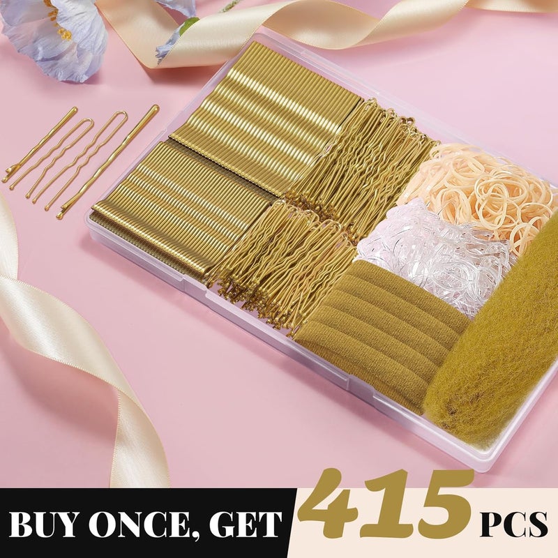 IKOCO 415pcs Bobby Pins Hair Pins Set, 200pcs U Shaped Pins & Elastic Hair Ties for Women with Hair Net, Gold - Image 2
