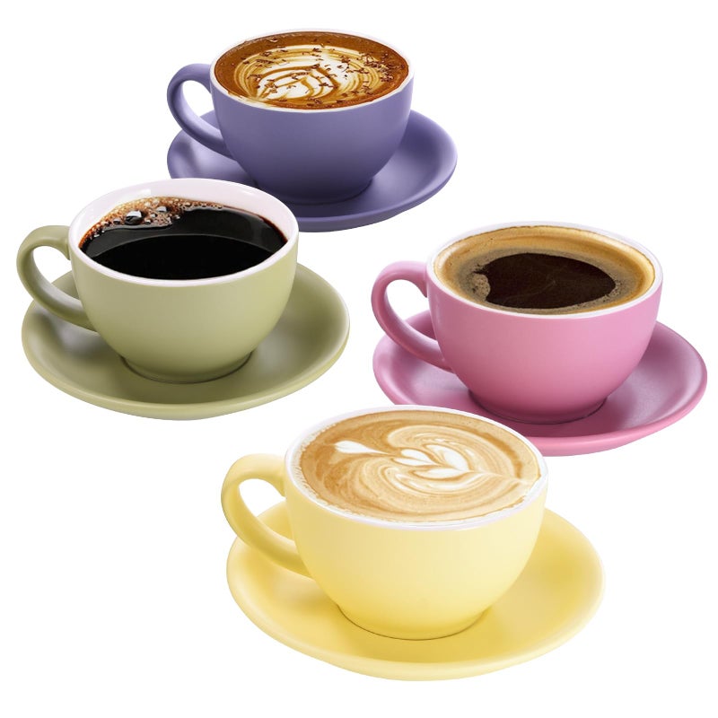 Yundu Matte Color Cappuccino Cups Set of 4-10oz Ceramic Latte Mugs with Saucers, Elegant Espresso Cups for Coffee & Tea - Image 1