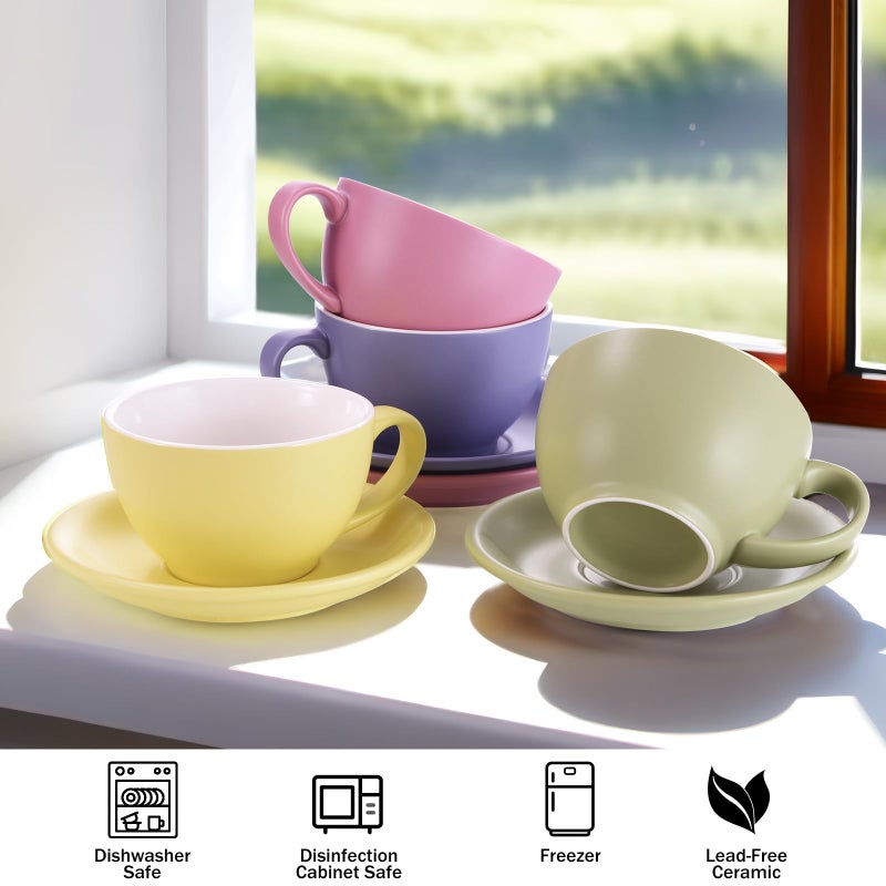 Yundu Matte Color Cappuccino Cups Set of 4-10oz Ceramic Latte Mugs with Saucers, Elegant Espresso Cups for Coffee & Tea - Image 3