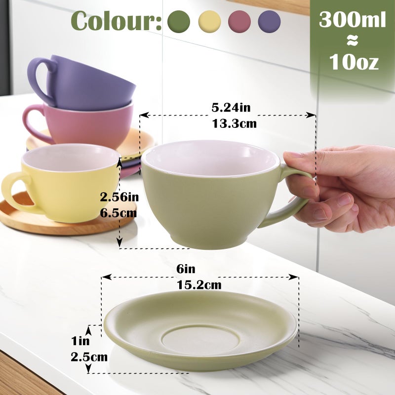Yundu Matte Color Cappuccino Cups Set of 4-10oz Ceramic Latte Mugs with Saucers, Elegant Espresso Cups for Coffee & Tea - Image 2