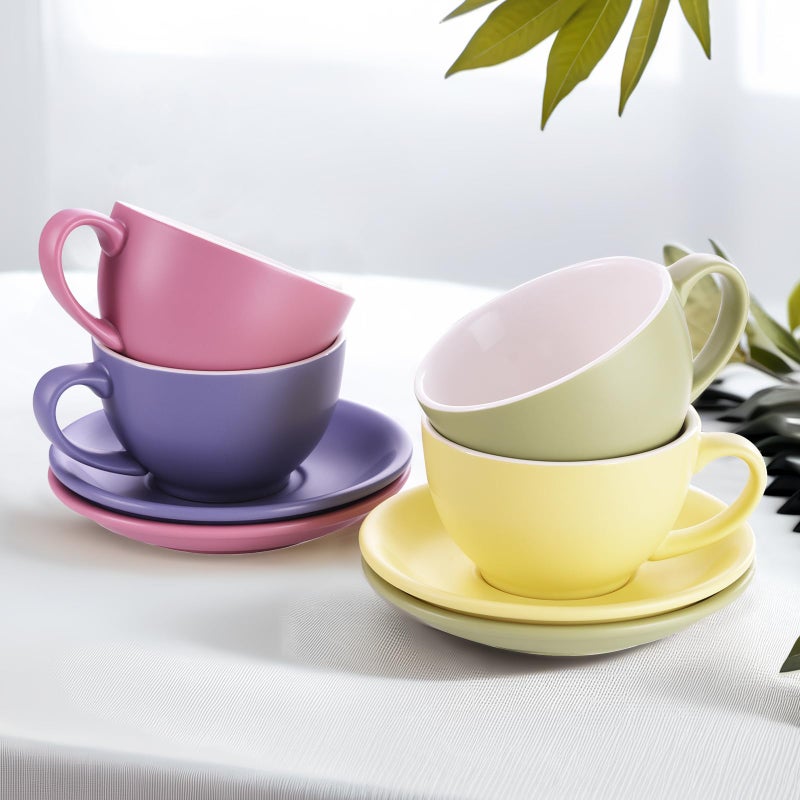 Yundu Matte Color Cappuccino Cups Set of 4-10oz Ceramic Latte Mugs with Saucers, Elegant Espresso Cups for Coffee & Tea - Image 5