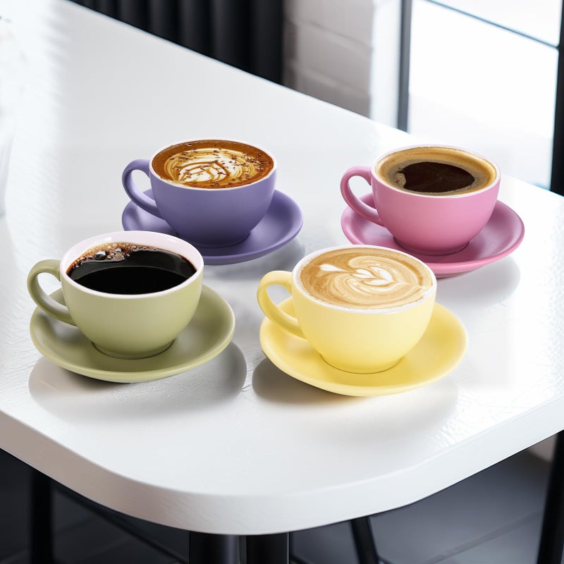 Yundu Matte Color Cappuccino Cups Set of 4-10oz Ceramic Latte Mugs with Saucers, Elegant Espresso Cups for Coffee & Tea - Image 4