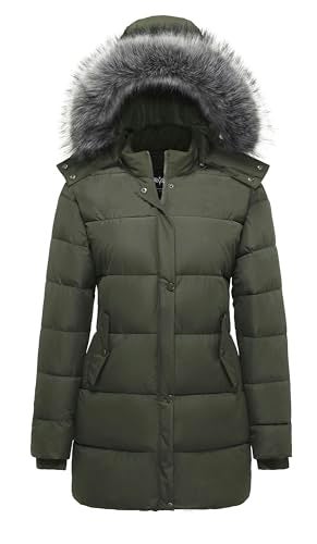 GGleaf Womens Winter Thicken Puffer Coat Warm Snow Jacket with Fur Removable Hood Army Green Medium
