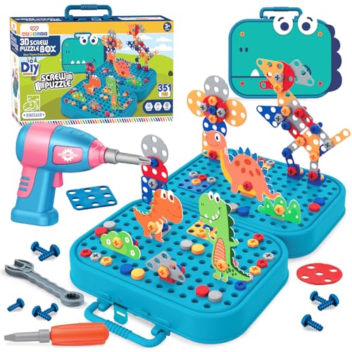 Wembley Electric Drill Screw Puzzle Set| Creative Dinosaur Themed Art Puzzle for Kids| 351 Pieces with Electric Screwdriver| 2D & 3D Building Block Kit| STEM Educational Activity Set for Boys & Girls - Image 1