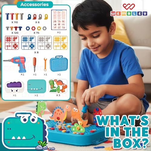 Wembley Electric Drill Screw Puzzle Set| Creative Dinosaur Themed Art Puzzle for Kids| 351 Pieces with Electric Screwdriver| 2D & 3D Building Block Kit| STEM Educational Activity Set for Boys & Girls - Image 2