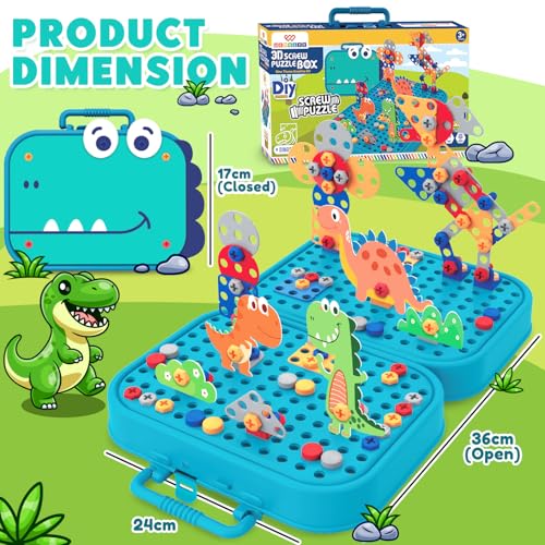 Wembley Electric Drill Screw Puzzle Set| Creative Dinosaur Themed Art Puzzle for Kids| 351 Pieces with Electric Screwdriver| 2D & 3D Building Block Kit| STEM Educational Activity Set for Boys & Girls - Image 3