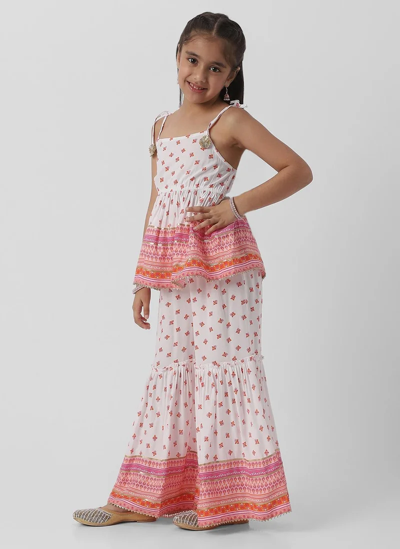 Nautinati Nautinati Girls’ Block Print Fusion Set With Tassels, Gota Trims and Flared Silhouette