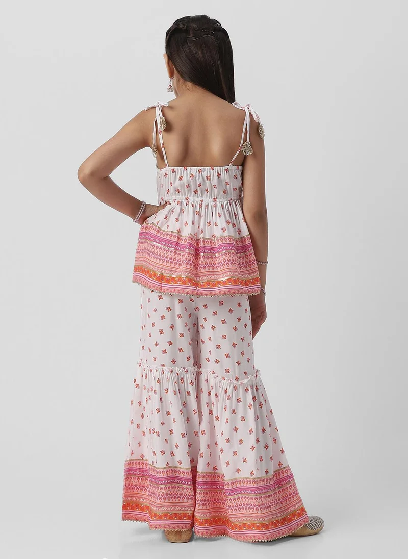 Nautinati Nautinati Girls’ Block Print Fusion Set With Tassels, Gota Trims and Flared Silhouette