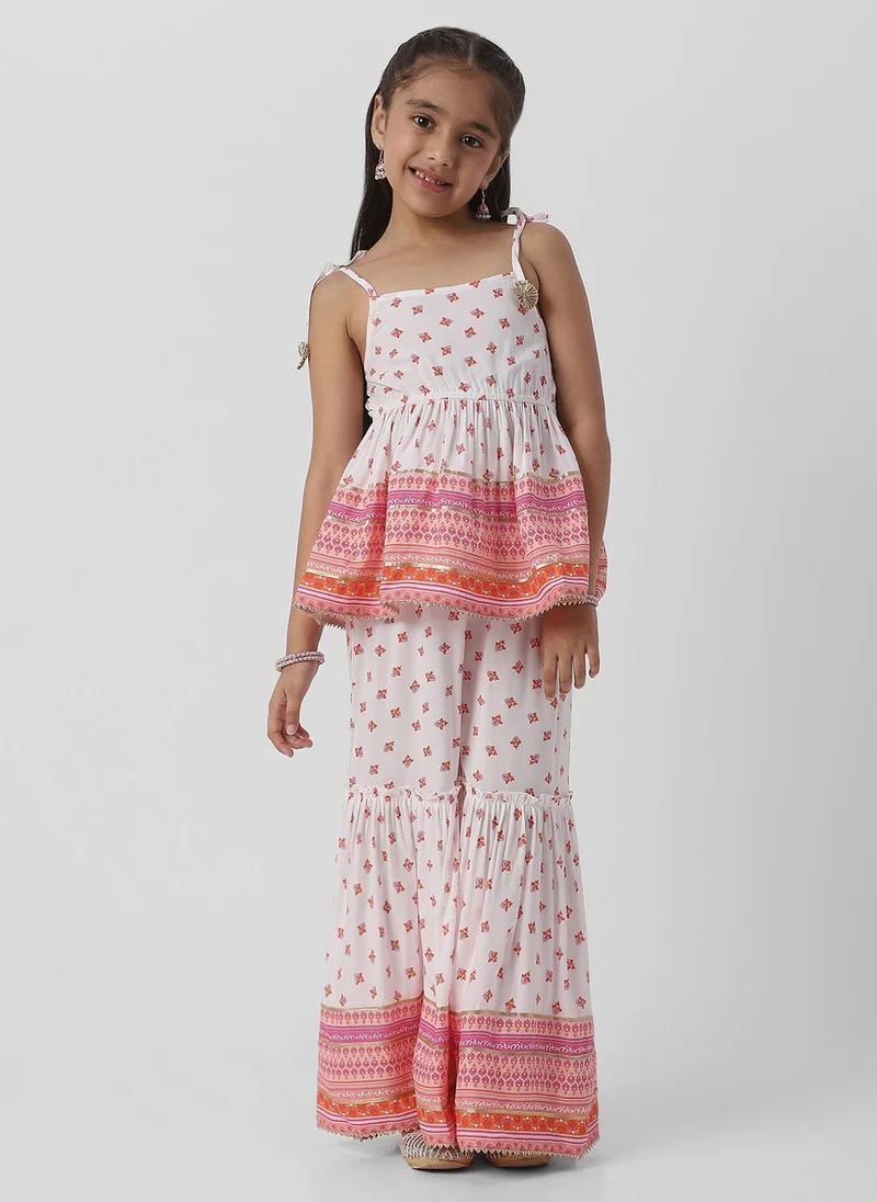 Nautinati Nautinati Girls’ Block Print Fusion Set With Tassels, Gota Trims and Flared Silhouette