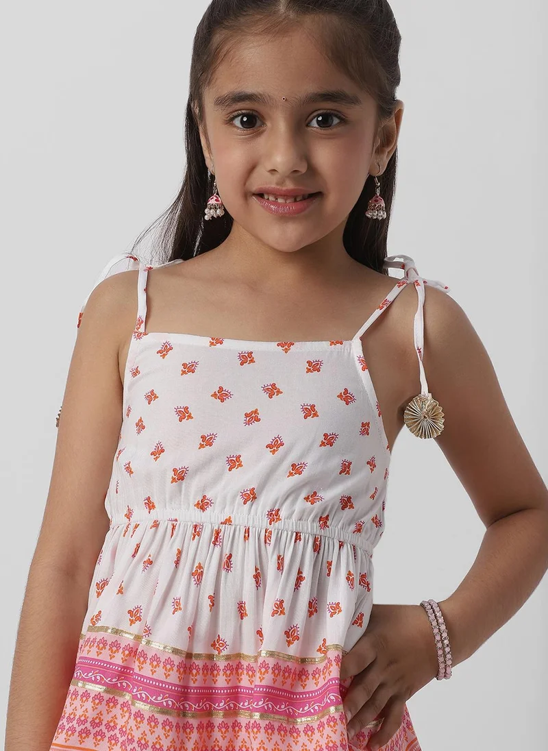 Nautinati Nautinati Girls’ Block Print Fusion Set With Tassels, Gota Trims and Flared Silhouette