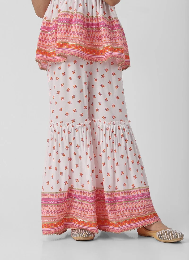 Nautinati Nautinati Girls’ Block Print Fusion Set With Tassels, Gota Trims and Flared Silhouette