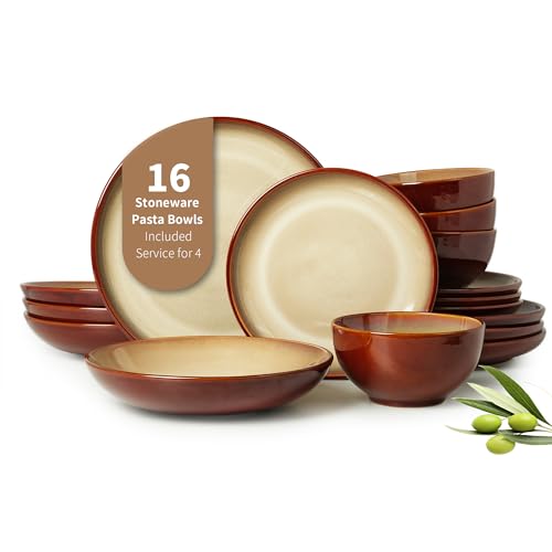 Pokini 16 Piece Double Bowl Plates and Bowls Sets, Ceramic Dinnerware Sets with Pasta Bowls, Dishwasher & Microwave Safe Dish Set, Scratch Resistant Stoneware Plate Set, Service for 4 Brown Yellow - Image 1