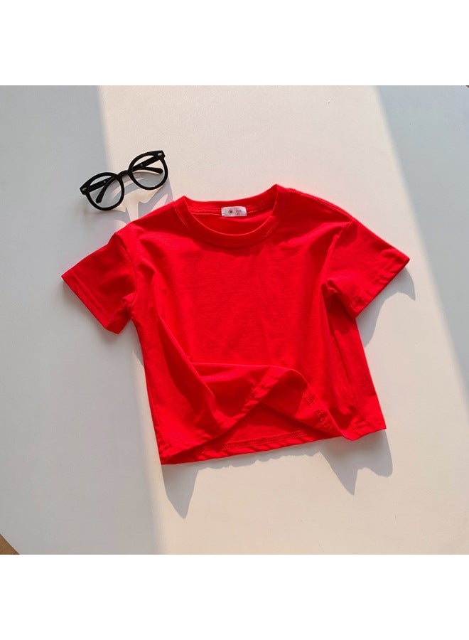 High-quality Summer New Children's Solid Color Cotton Short-sleeved T-shirt, Uni Kids Versatile Round Neck Basic Top