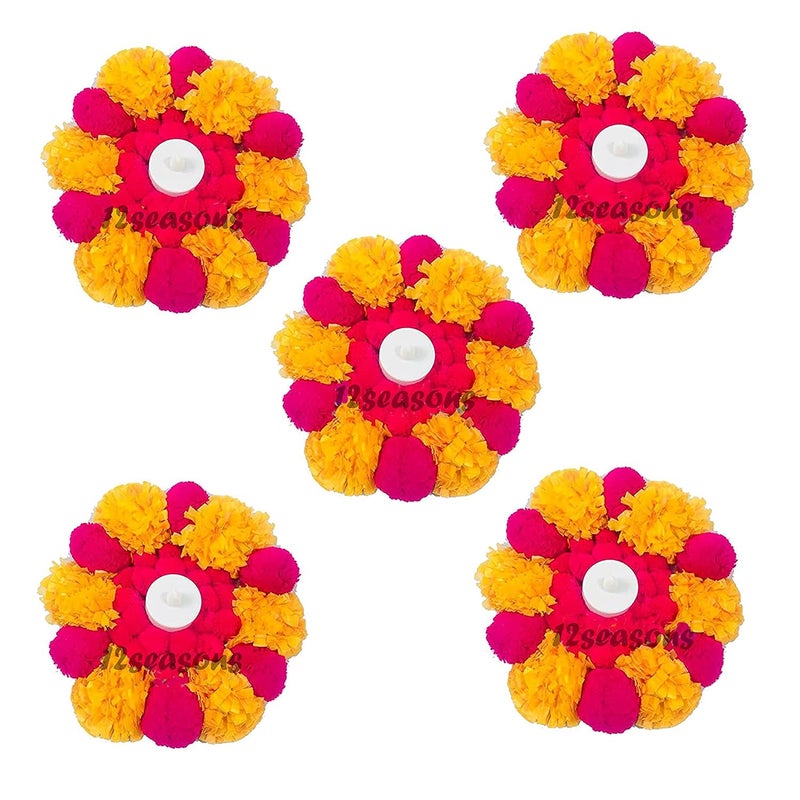 12SEASONS 12seasons Handmade Fabric Artificial Flowers Tea Light HolderAasanRangoli Mats with LED Lights Pack of 5